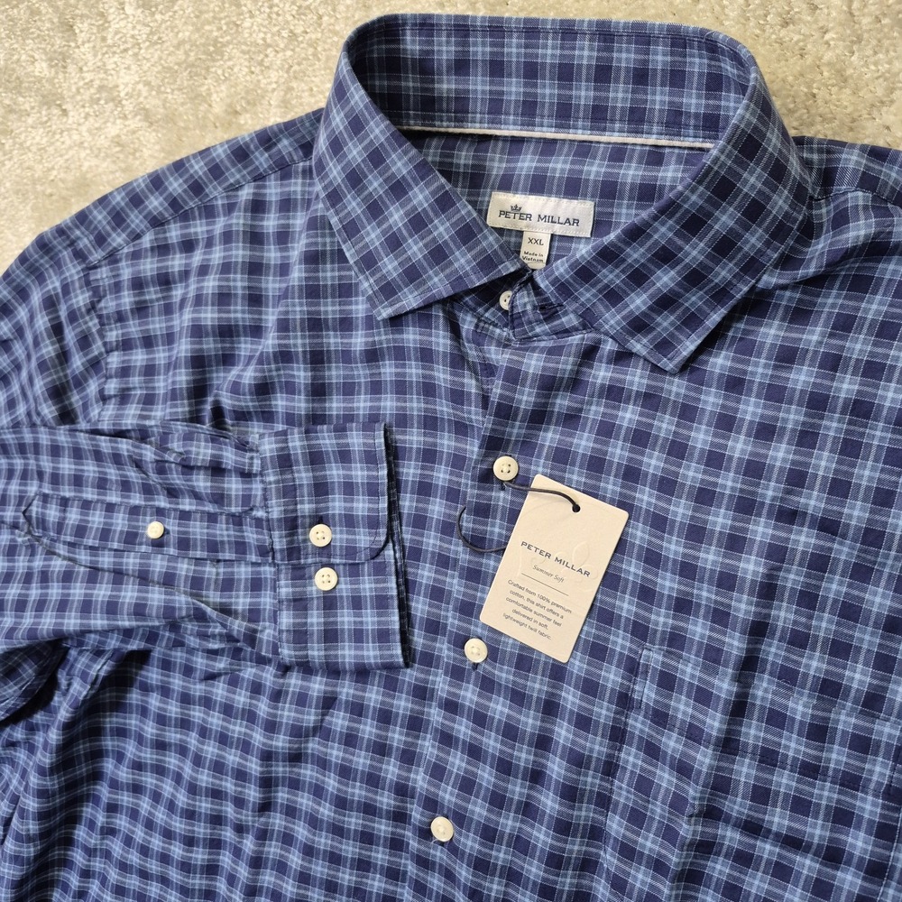 Peter Millar Summer Soft Button Up Shirt  Men 2XL Blue Check Lightweight Flannel